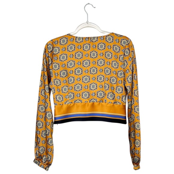 River Island Mustard Baroque Print‎ Satin Crop Top Ruffle Neckline  US 8 / UK 12 - Picture 3 of 11